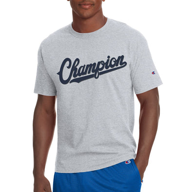 Champion Men's Jersey Tee, Baseball Script Logo (Grey) - Fashion Landmarks